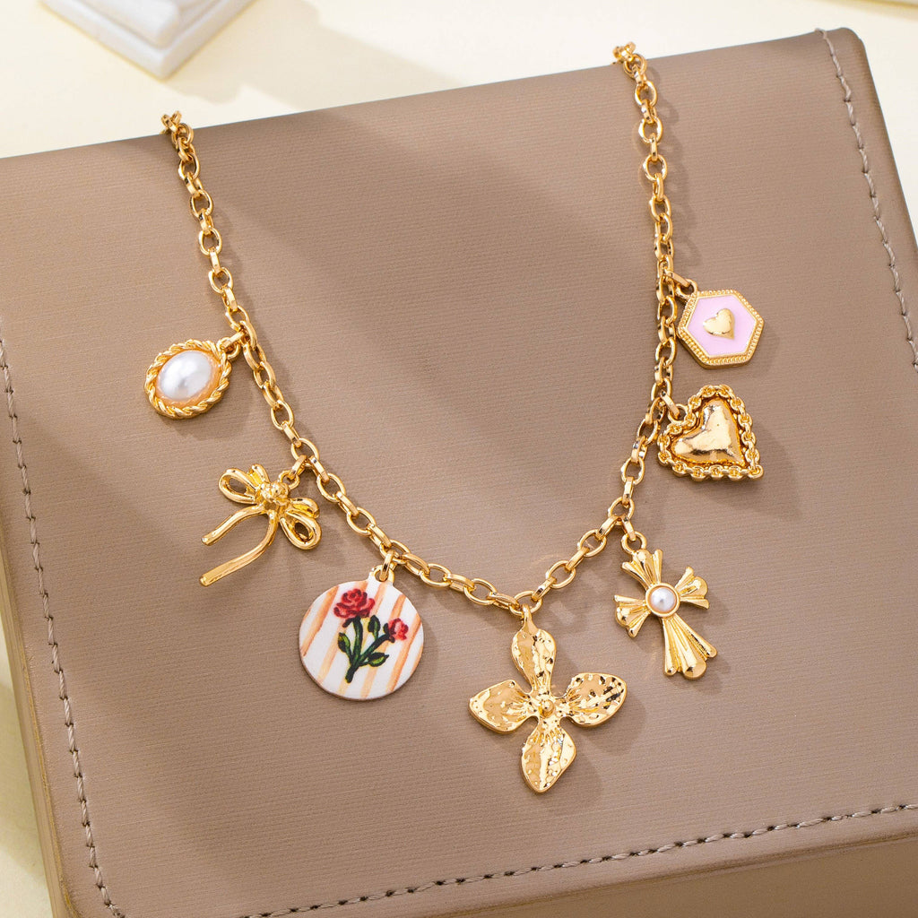 Vintage-Inspired Flower Pearl Cross Heart Necklace