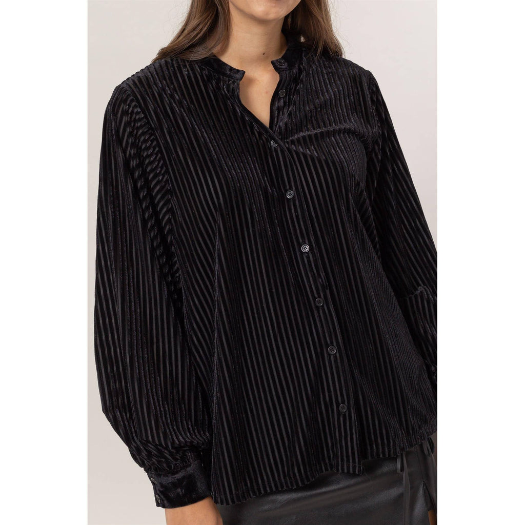 Striped Velvet Button-Down Blouse — Luxe Texture, Effortless Elegance