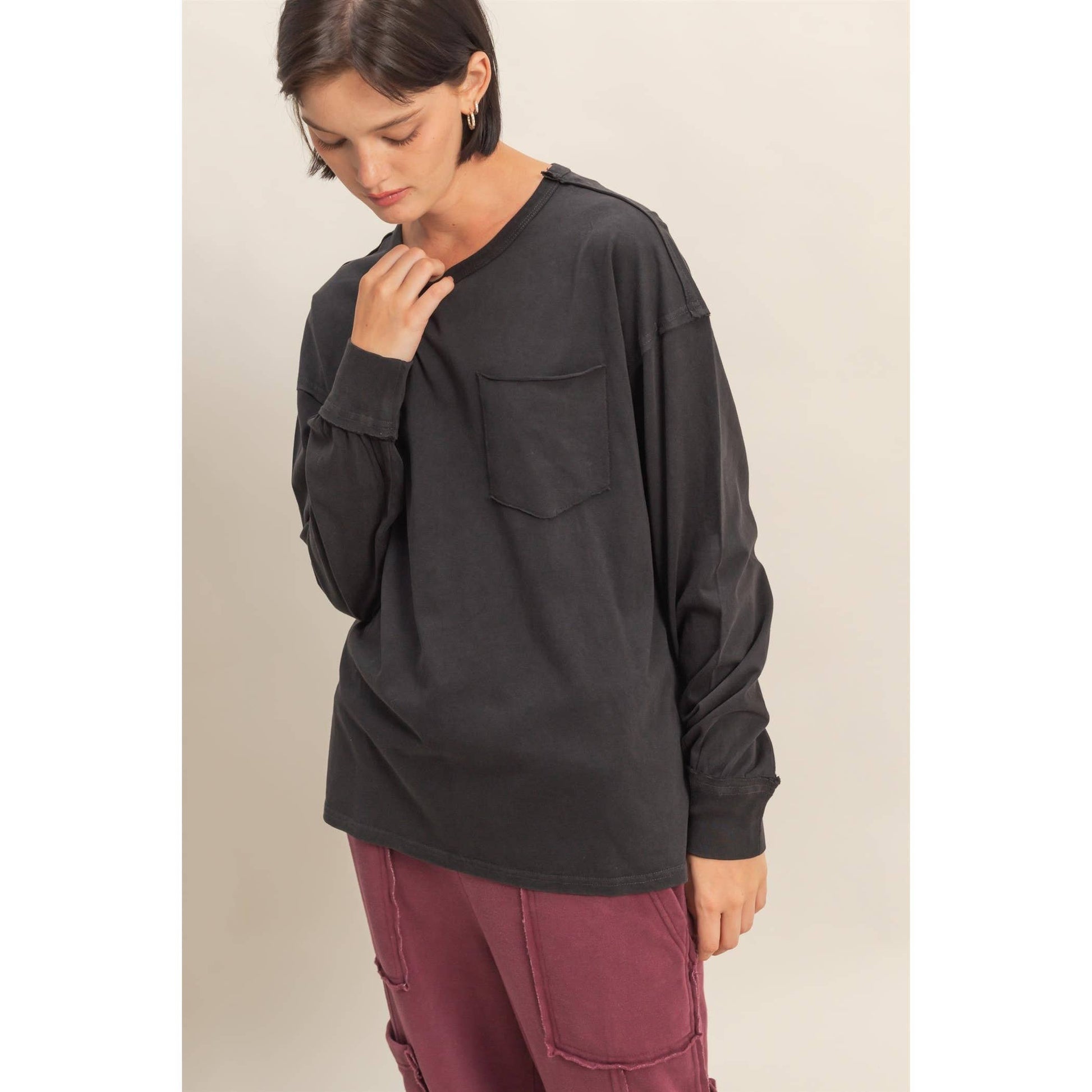 Oversized Washed Long Sleeve Black Pocket Tee