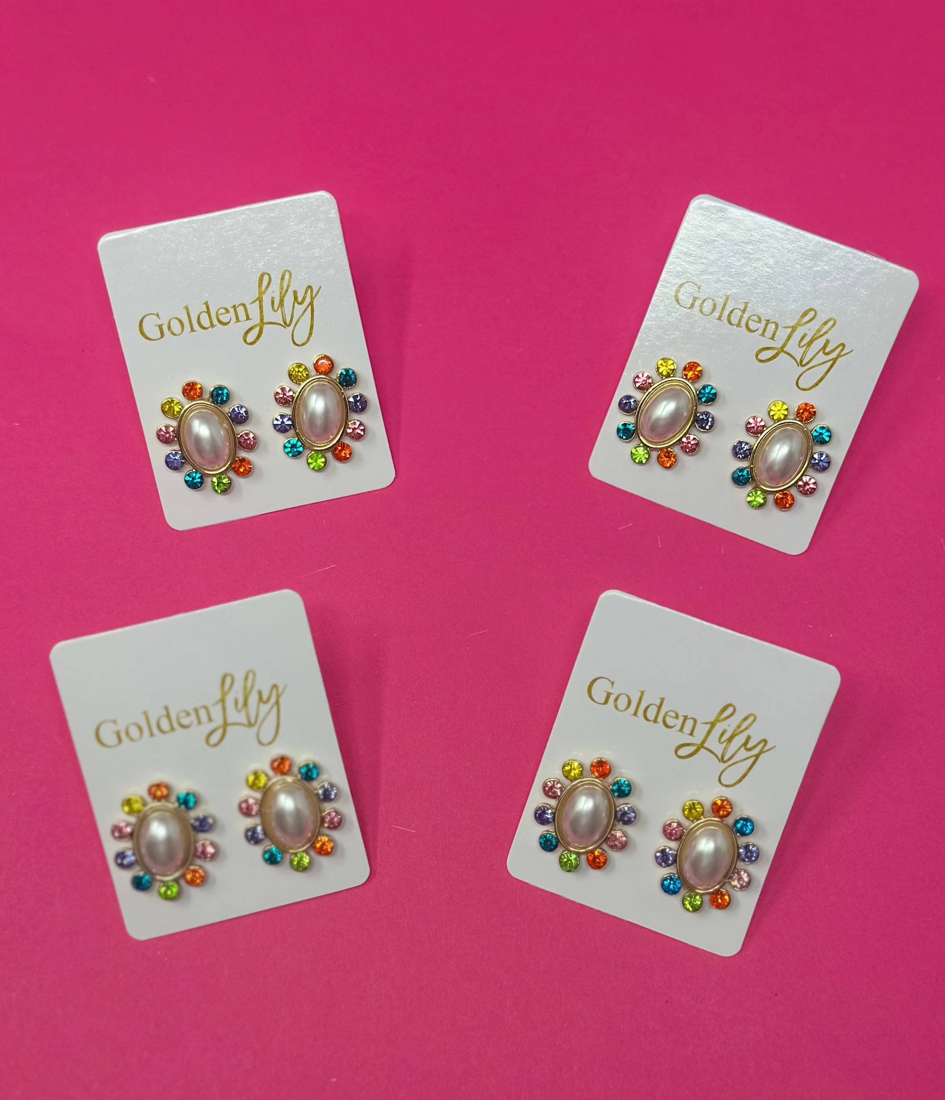 Statement Stud Earrings - Pearl with Multi Stones