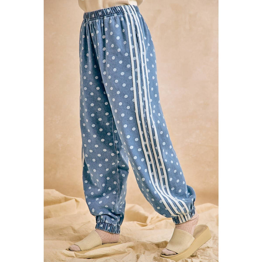 WASHED DENIM POLKA DOT ELASTIC HEM JOGGER PANTS: WASHED DENIM / XL