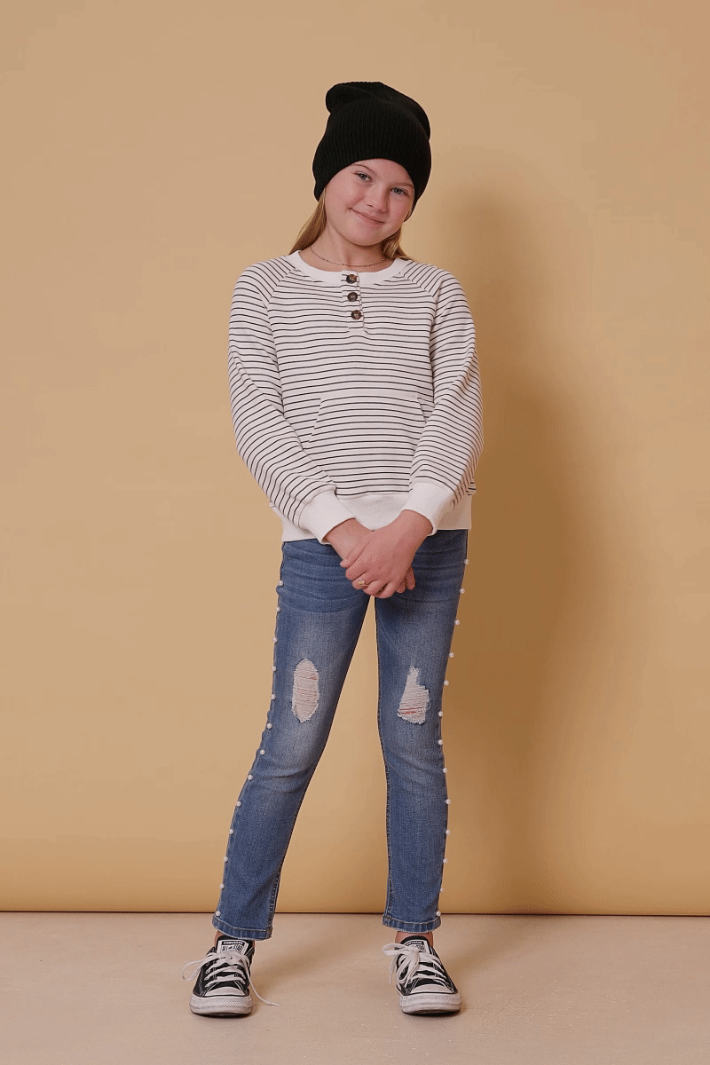 Girls Striped Kangaroo Pocket Knit Long Sleeve Henley