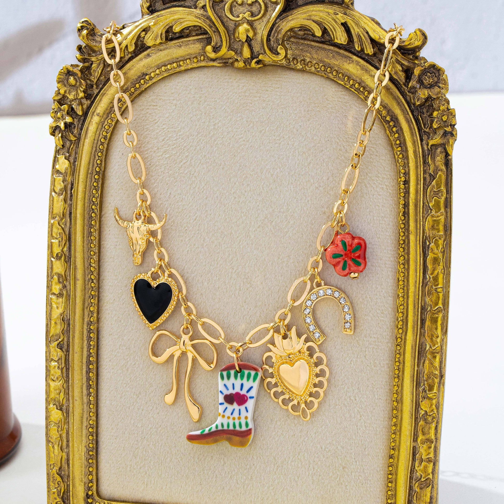 Western Boot Horseshoe Heart Multi Charm Necklace