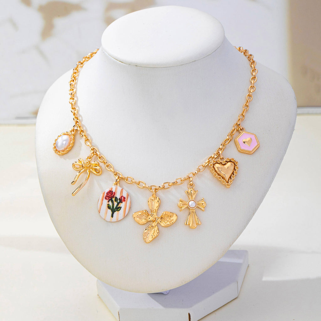 Vintage-Inspired Flower Pearl Cross Heart Necklace