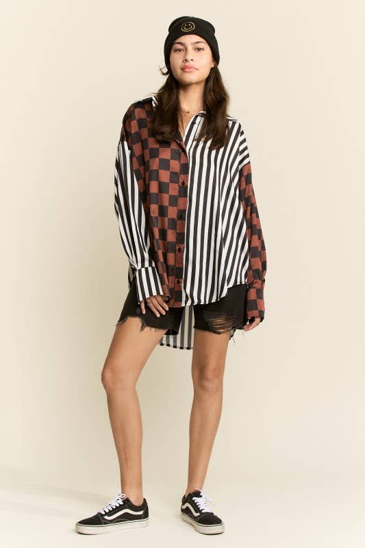 SPLIT DECISION CHECKER-STRIPE BLOUSE
