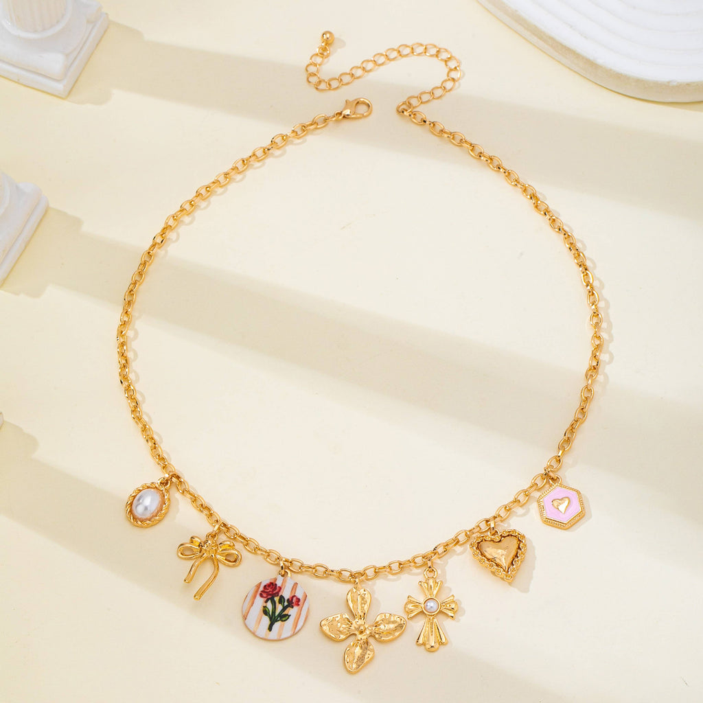 Vintage-Inspired Flower Pearl Cross Heart Necklace