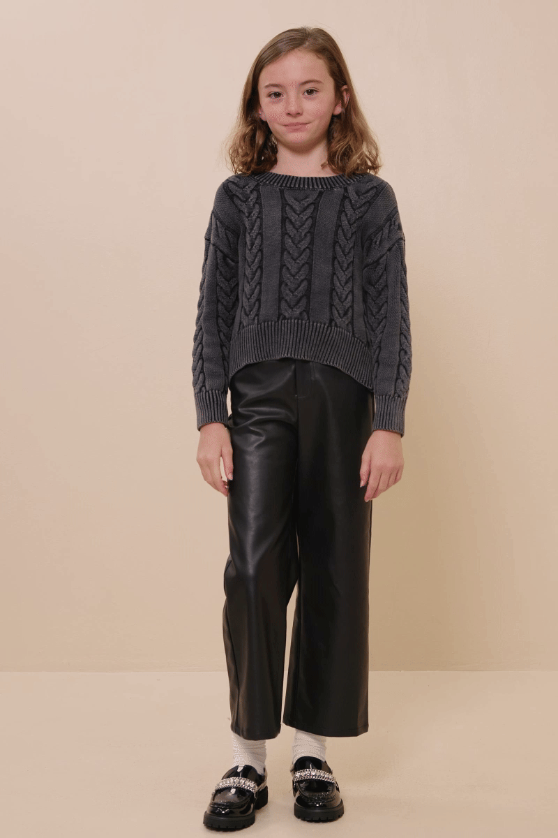 Girls Navy Cable Knit Washed Pullover Sweater