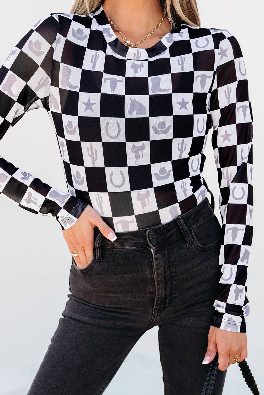 Checkerboard Western Elements Printed Mesh Top