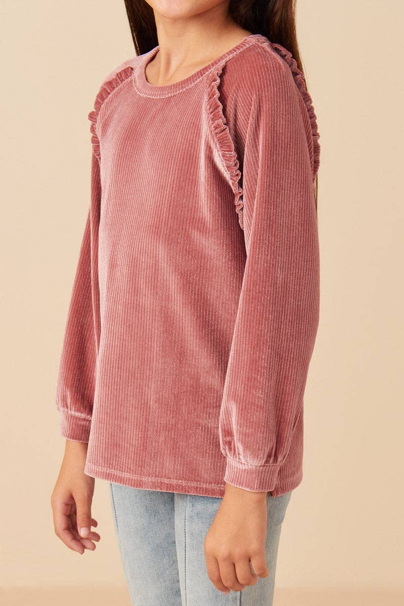 Girls Ruffled Raglan Seam Brushed Rib Top Mauve