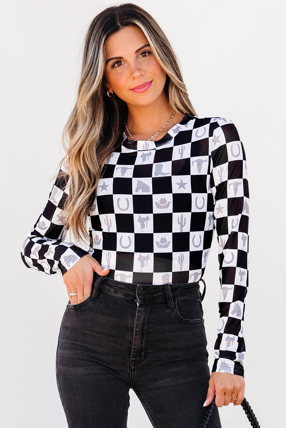 Checkerboard Western Elements Printed Mesh Top
