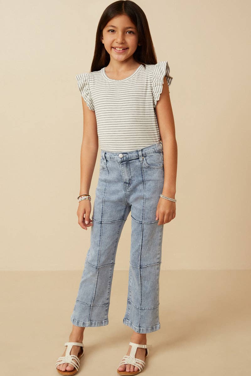 Girls Washed Paneled Detail Denim Jeans: Light Denim