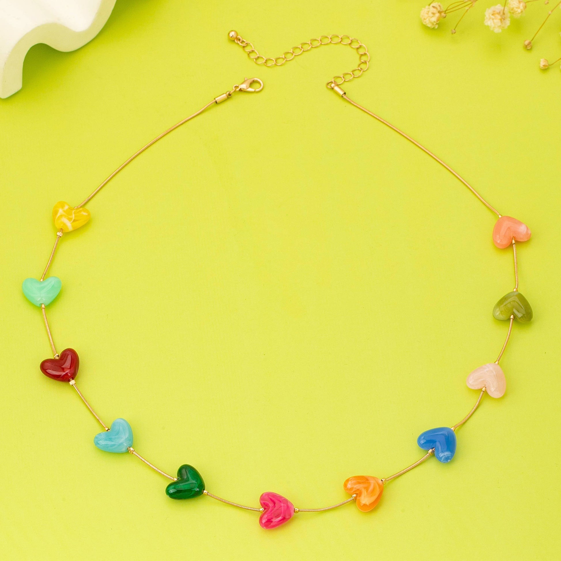 Multicolor Resin Beaded Heart Station Necklace