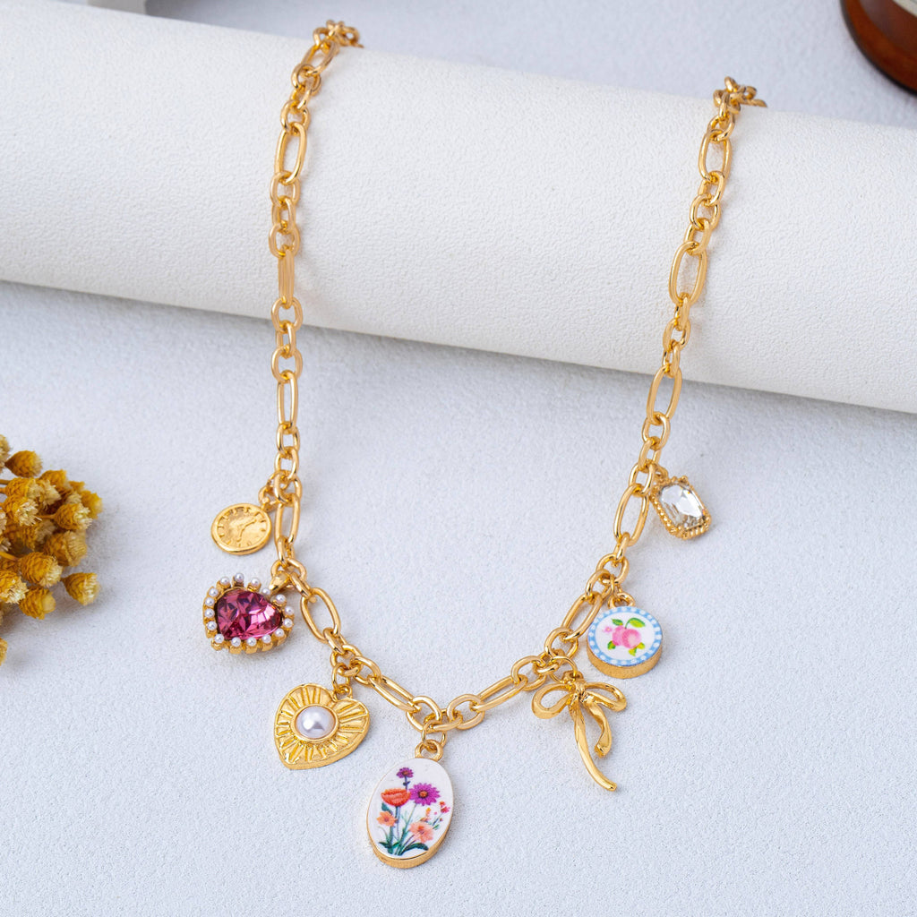 Vintage Bow Porcelain Multi-Charm Link Necklace