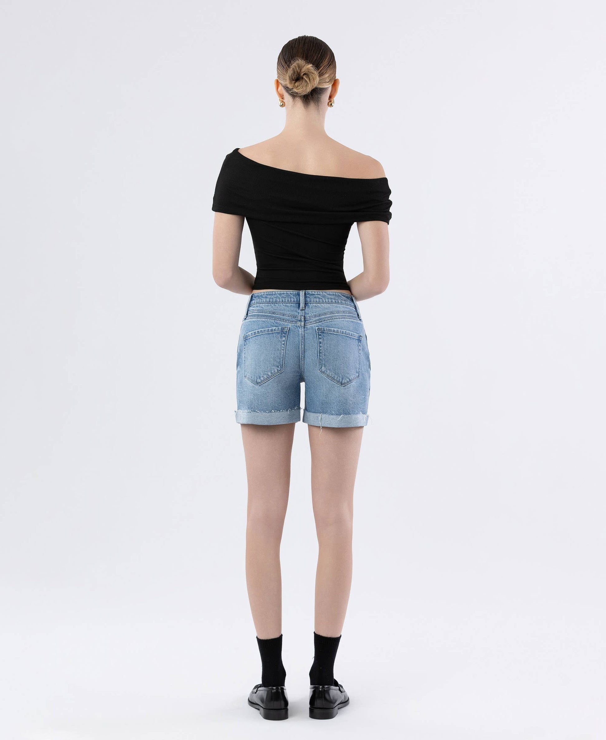 HIGH RISE DOUBLE FRONT POCKET CUFF SHORTS: GODS PLAN