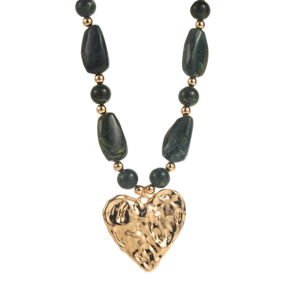 Hammered Heart Pendant Resin Beaded Necklaces | 40NK9662: Grey
