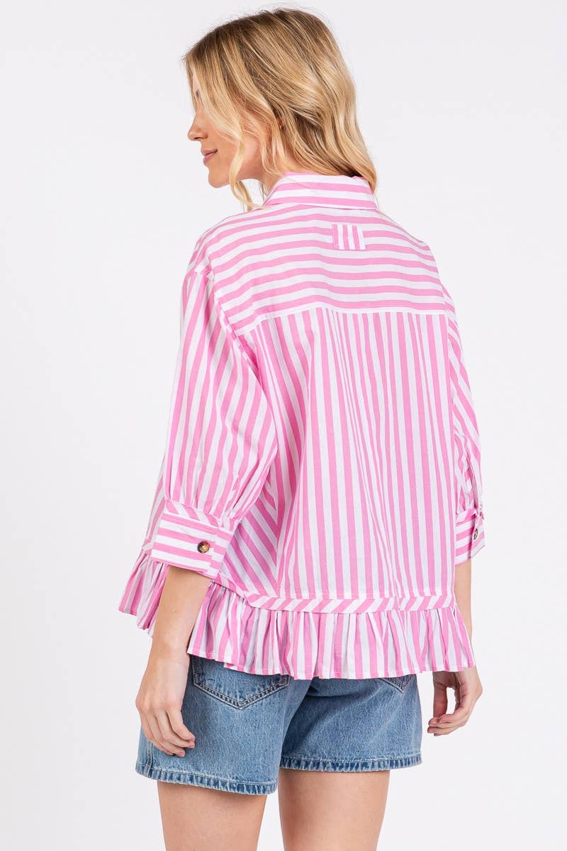 Pink and White Striped Button Down Ruffle Blouse