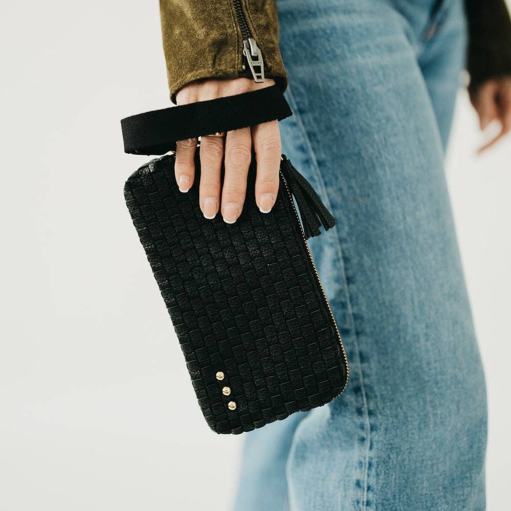 Emma Woven Clutch Wristlet: Black Checkered