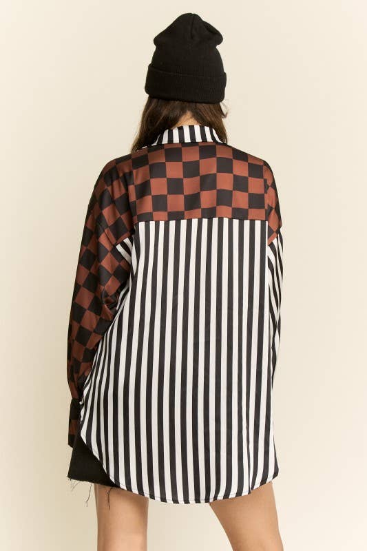 SPLIT DECISION CHECKER-STRIPE BLOUSE