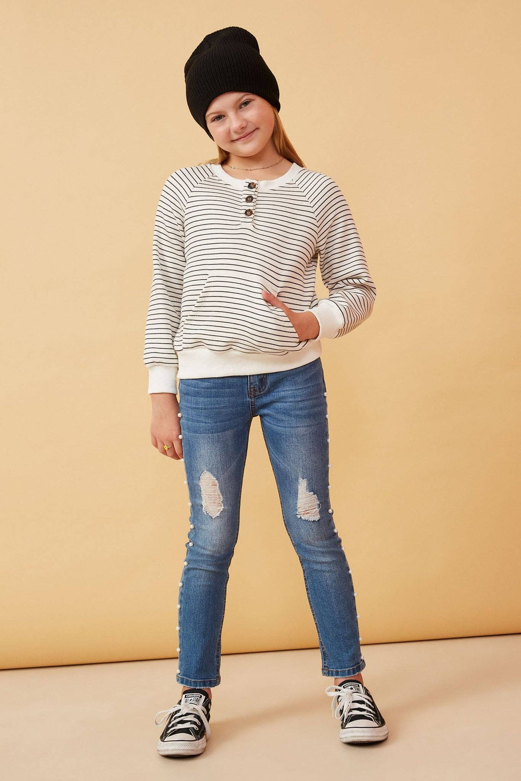 Girls Striped Kangaroo Pocket Knit Long Sleeve Henley