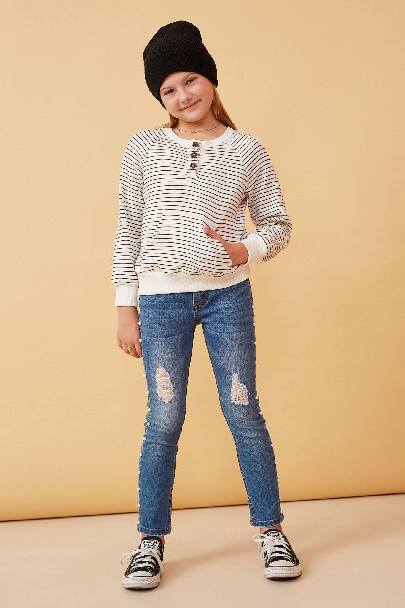 Girls Striped Kangaroo Pocket Knit Long Sleeve Henley
