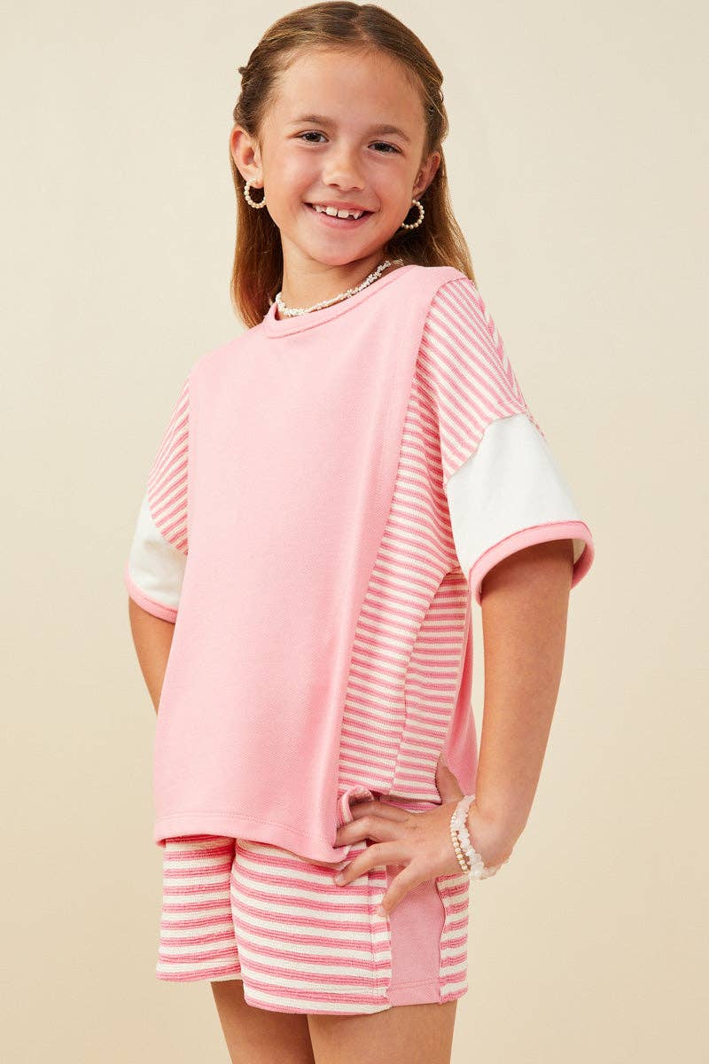 Girls Colorblock Stripe Insert Knit T Shirt: Pink