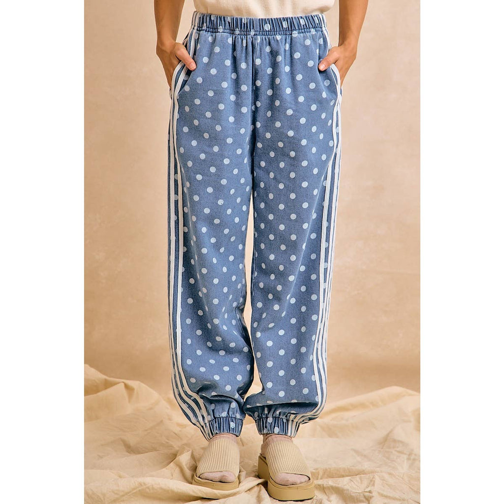 WASHED DENIM POLKA DOT ELASTIC HEM JOGGER PANTS: WASHED DENIM / XL