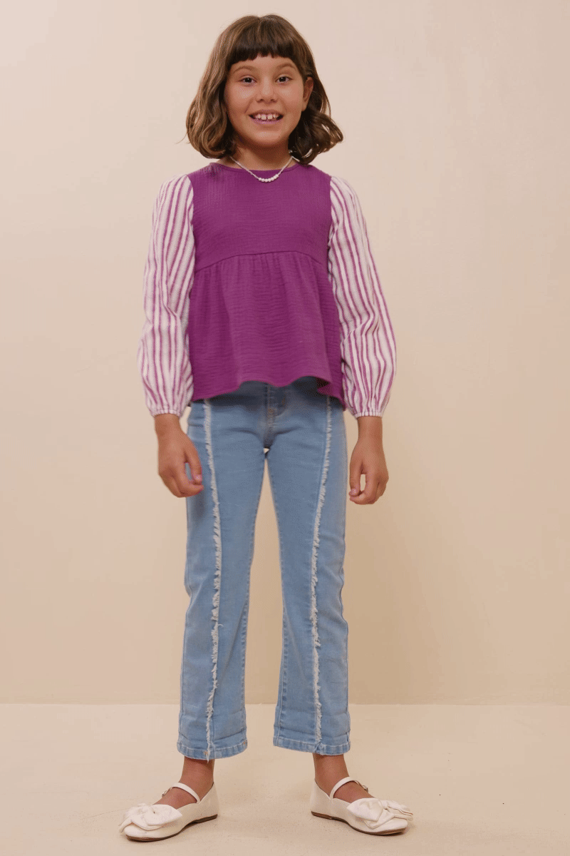 Girls Mix Media Contrast Sleeve Gauze Top: Purple
