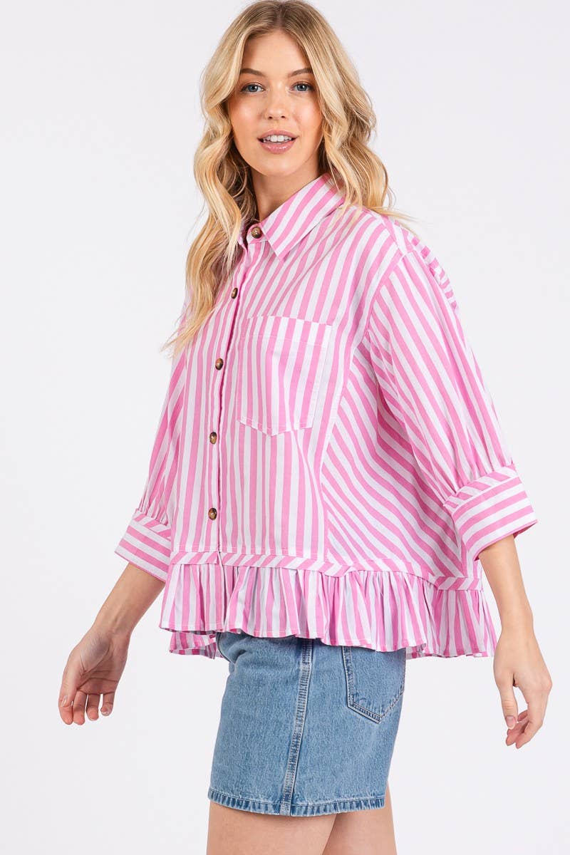 Pink and White Striped Button Down Ruffle Blouse