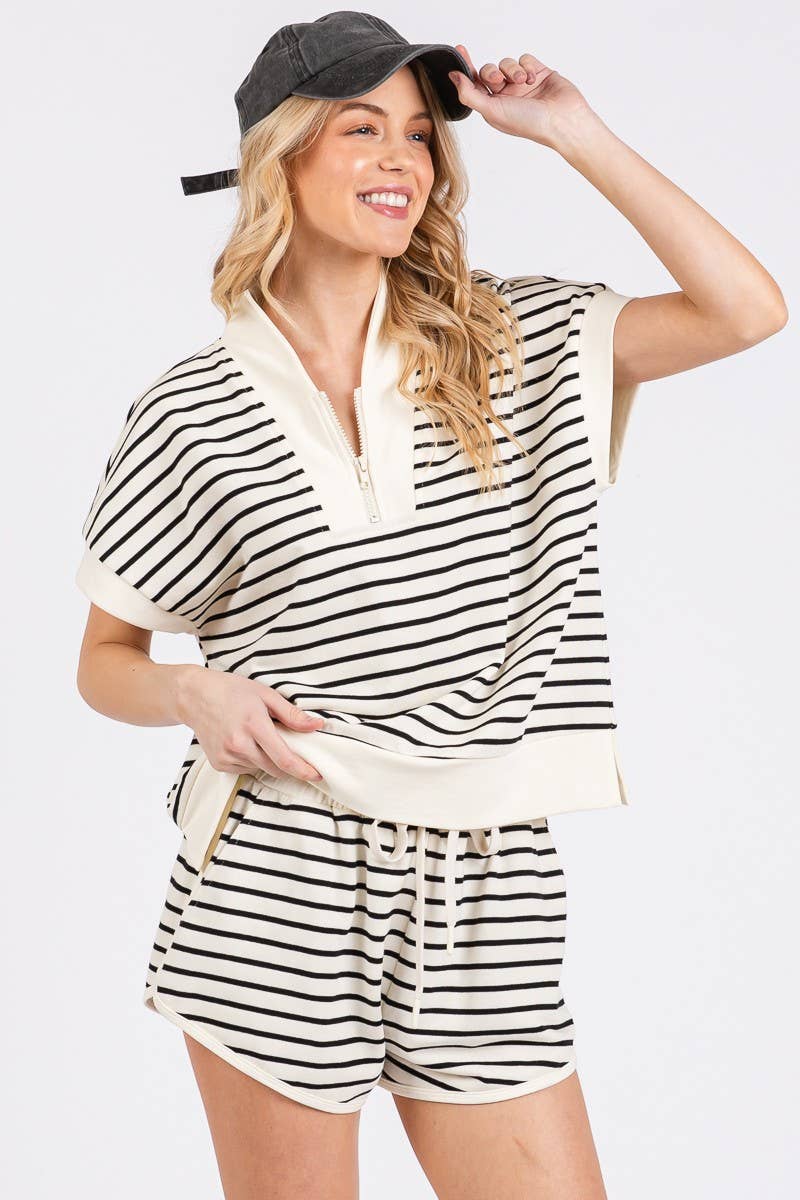 HALF ZIP UP STRIPED TOP AND SHORTS SETS - IVORY/BLACK