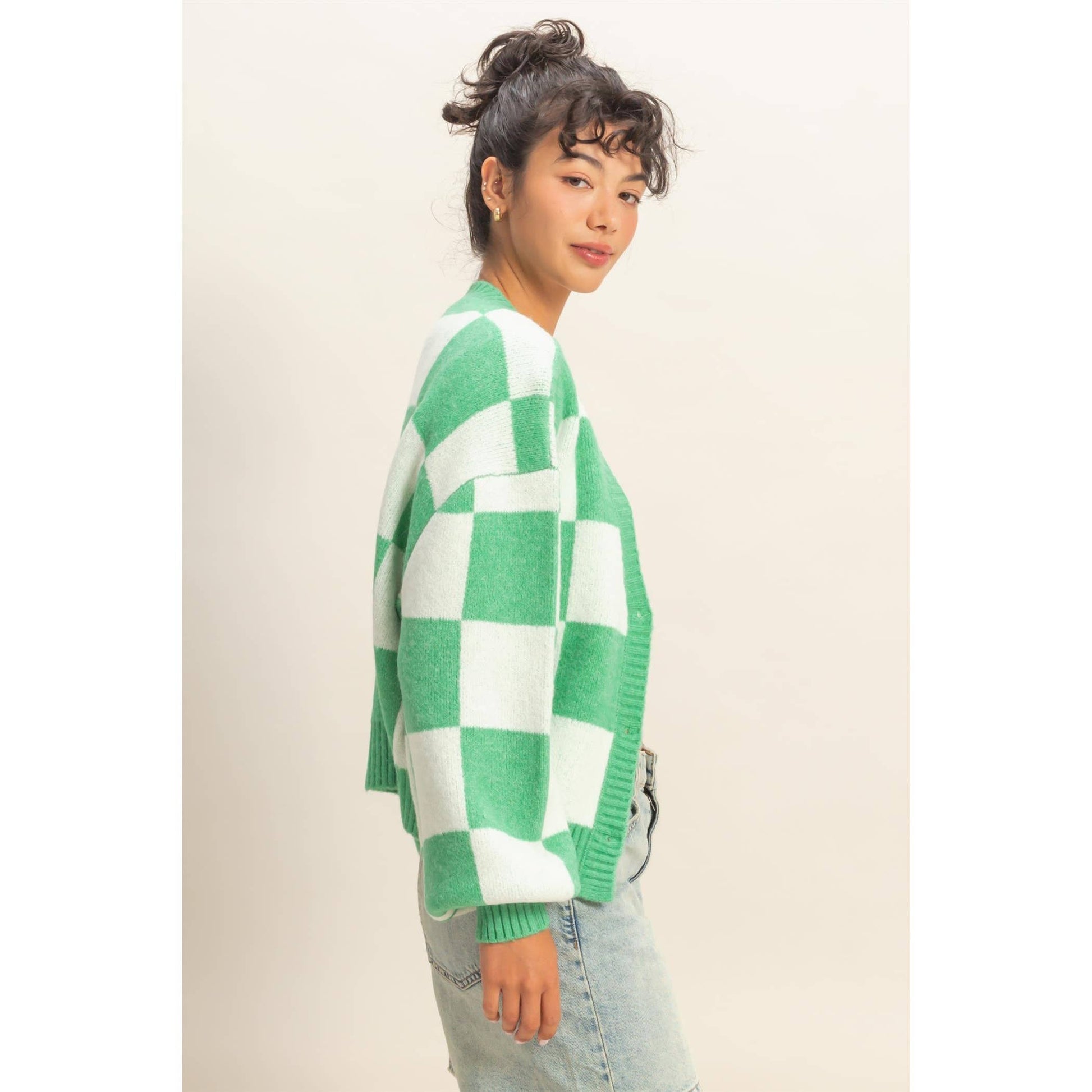 Checkered Button Front Cardigan Sweater - Green