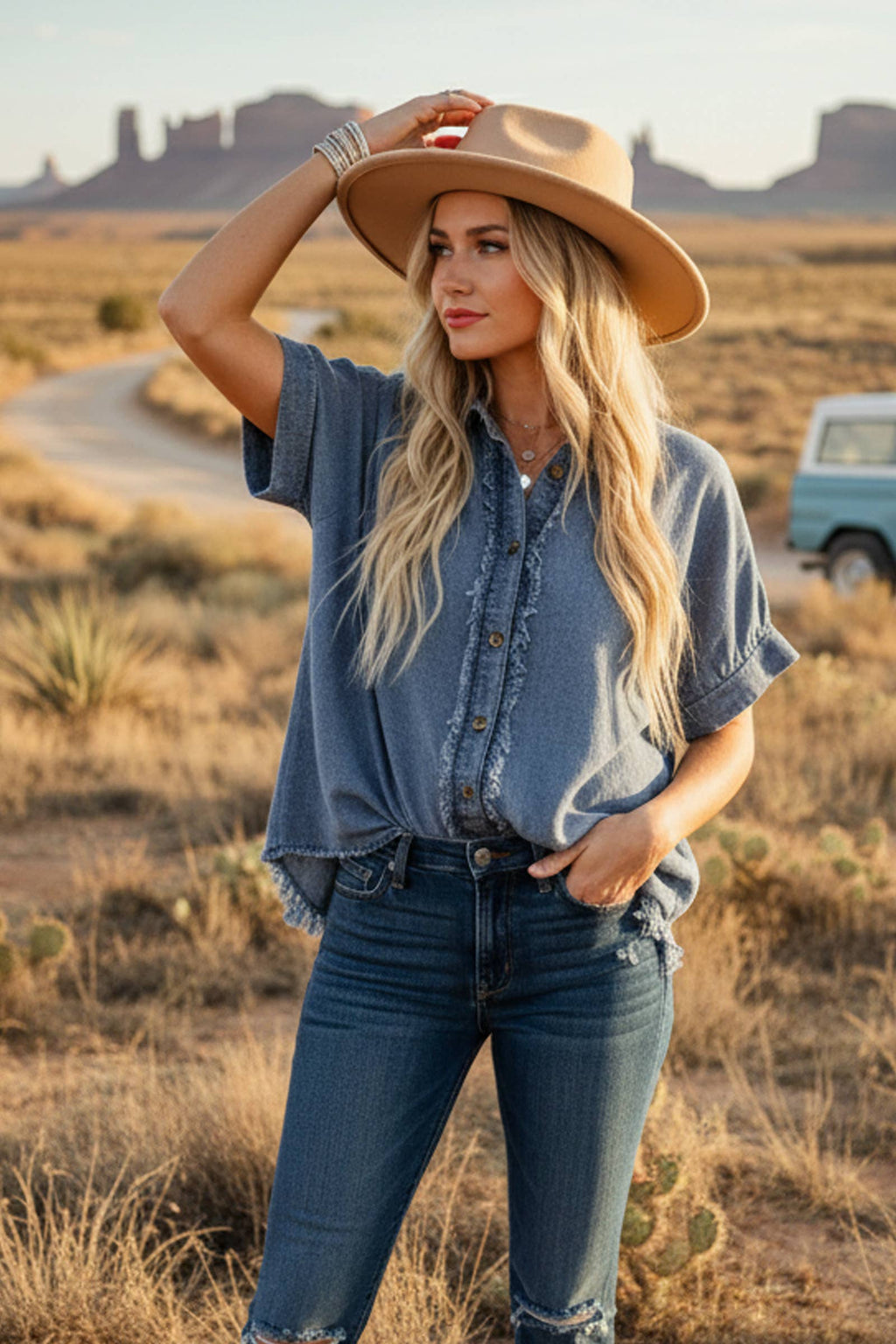 Cassidy Frayed Trim Denim Button Top