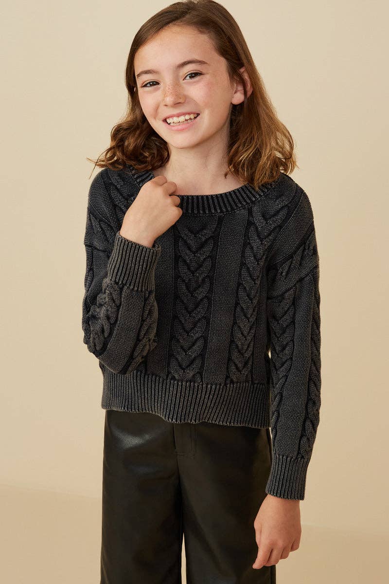 Girls Navy Cable Knit Washed Pullover Sweater