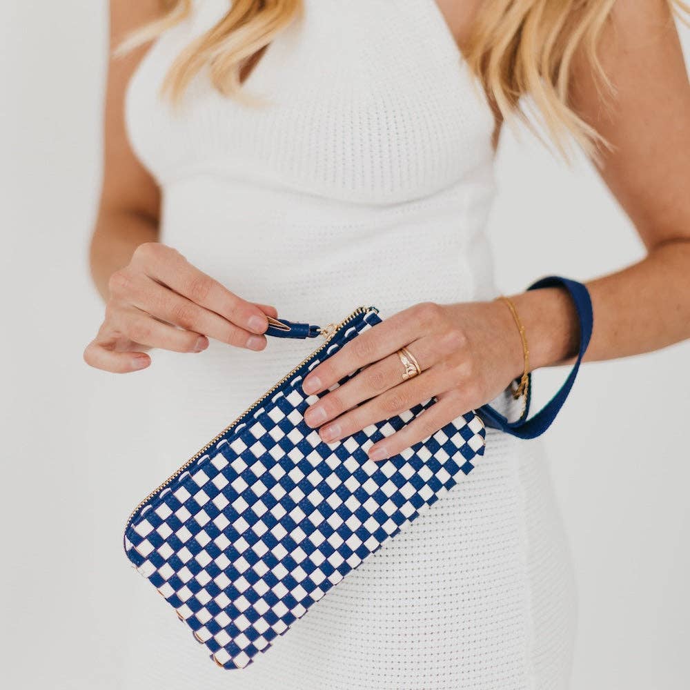 Emma Woven Clutch Wristlet: Brown Checkered