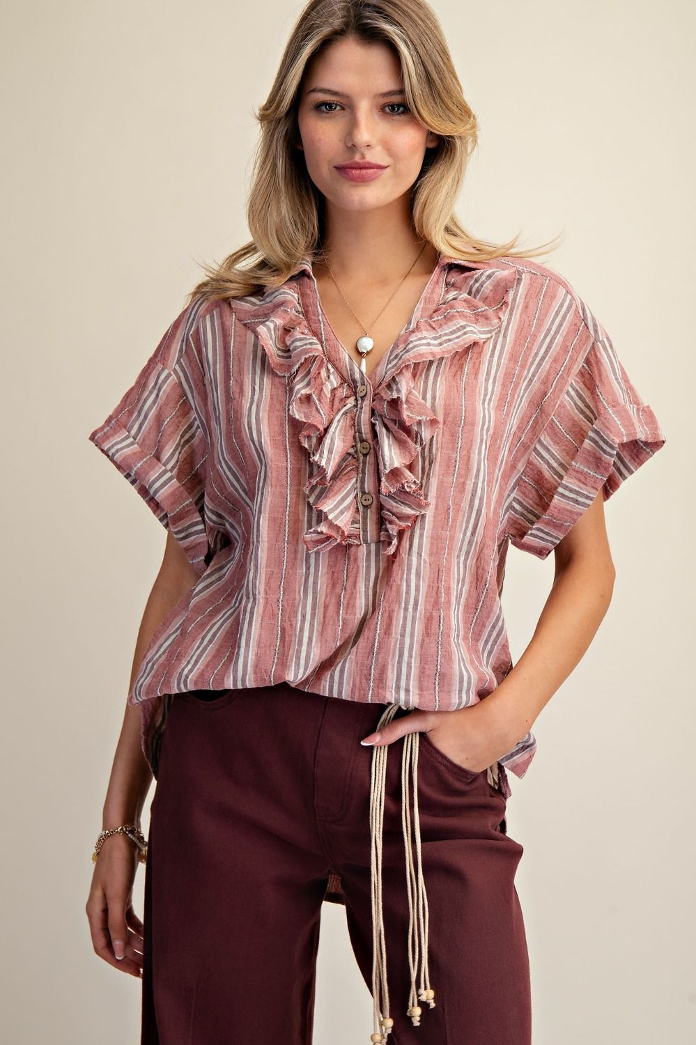 Red Bean Crinkled Stripe Blouse