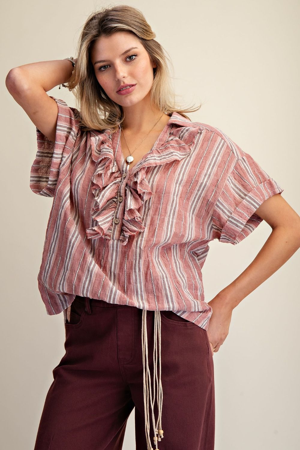 Red Bean Crinkled Stripe Blouse