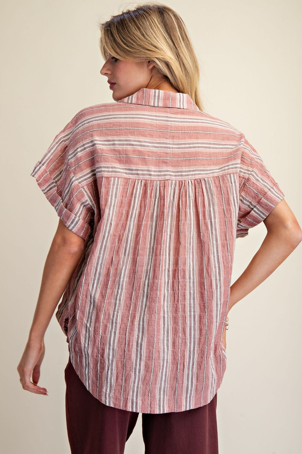 Red Bean Crinkled Stripe Blouse