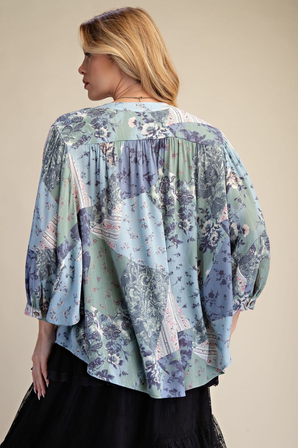 Denim Blue Patchwork Floral Blouse