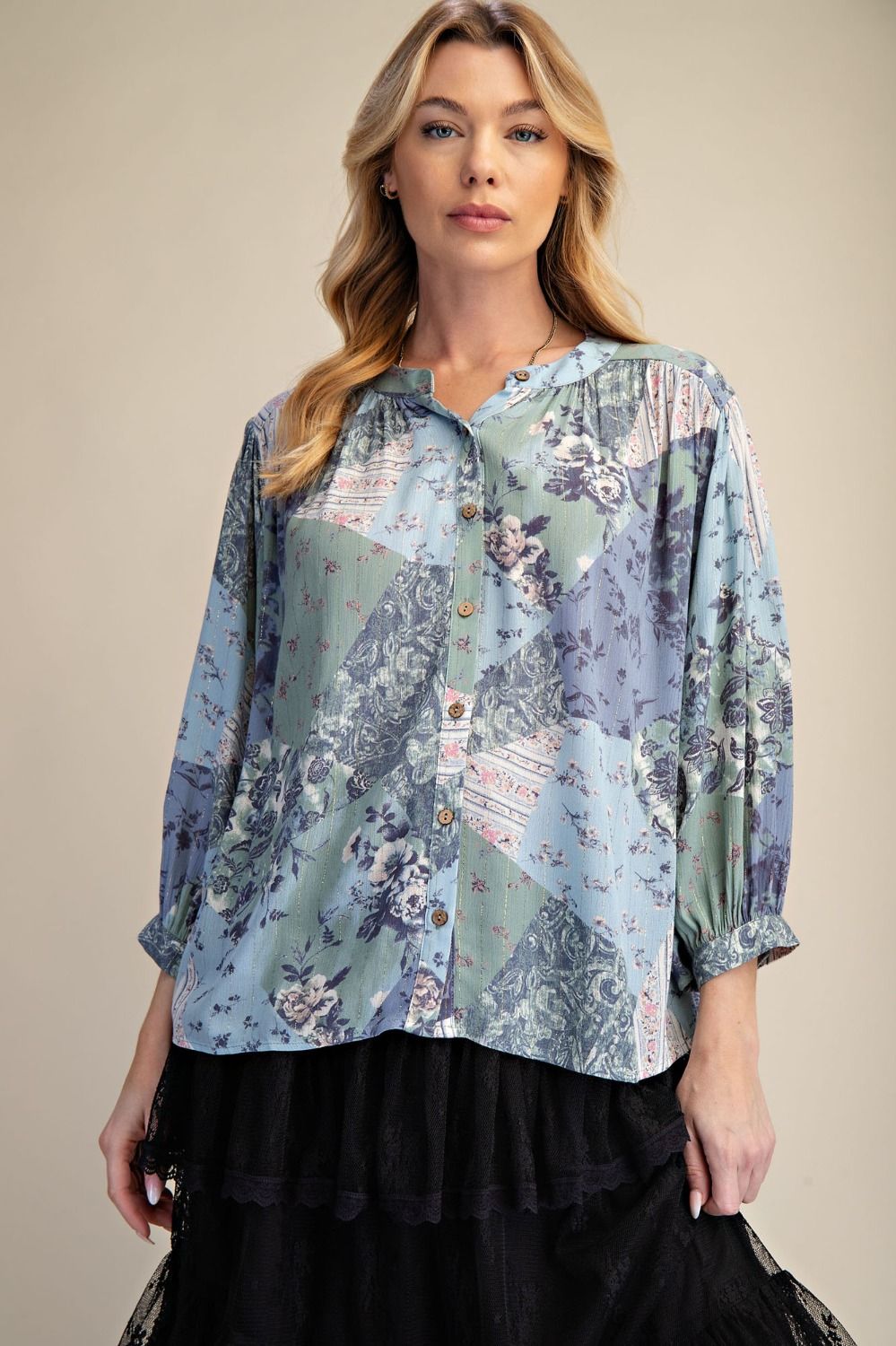 Denim Blue Patchwork Floral Blouse