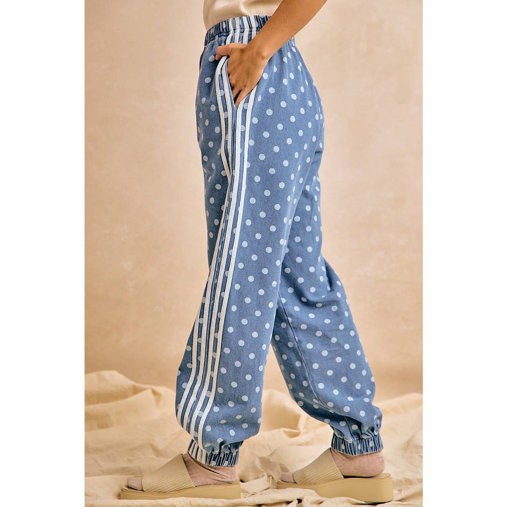 WASHED DENIM POLKA DOT ELASTIC HEM JOGGER PANTS: WASHED DENIM / XL