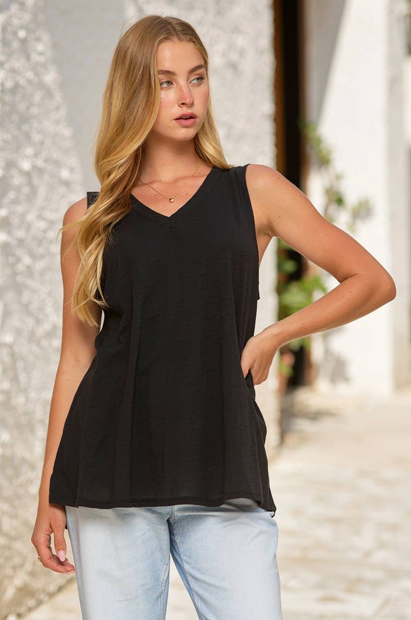 V-Neck Cotton Top: Black