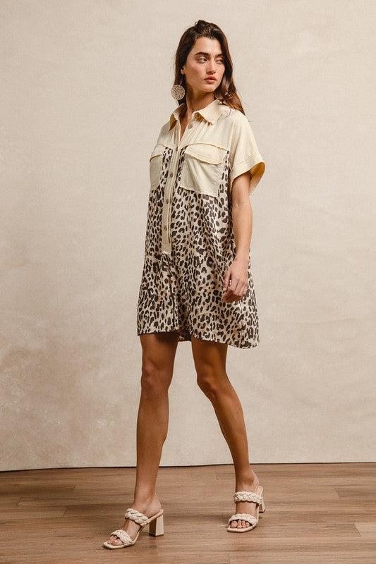 Leopard Print Combo Buttoned Collared Jumpsuit