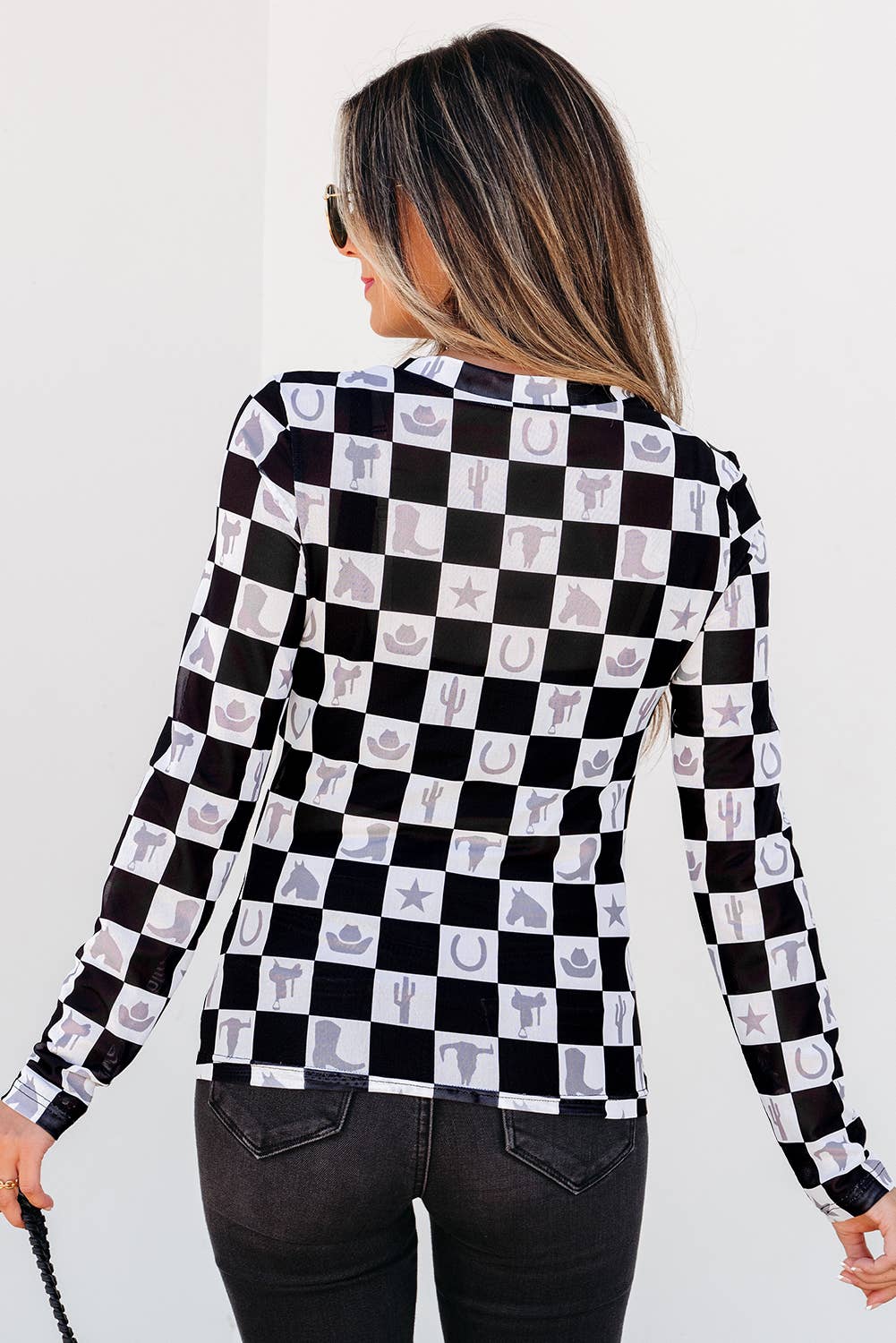 Checkerboard Western Elements Printed Mesh Top