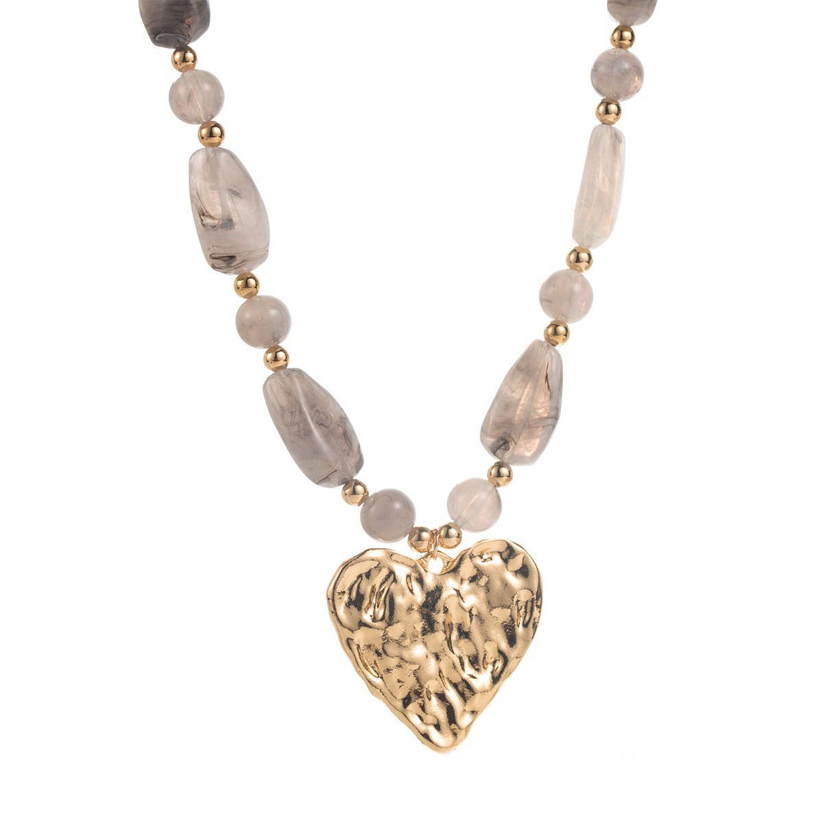 Hammered Heart Pendant Resin Beaded Necklaces | 40NK9662: Grey