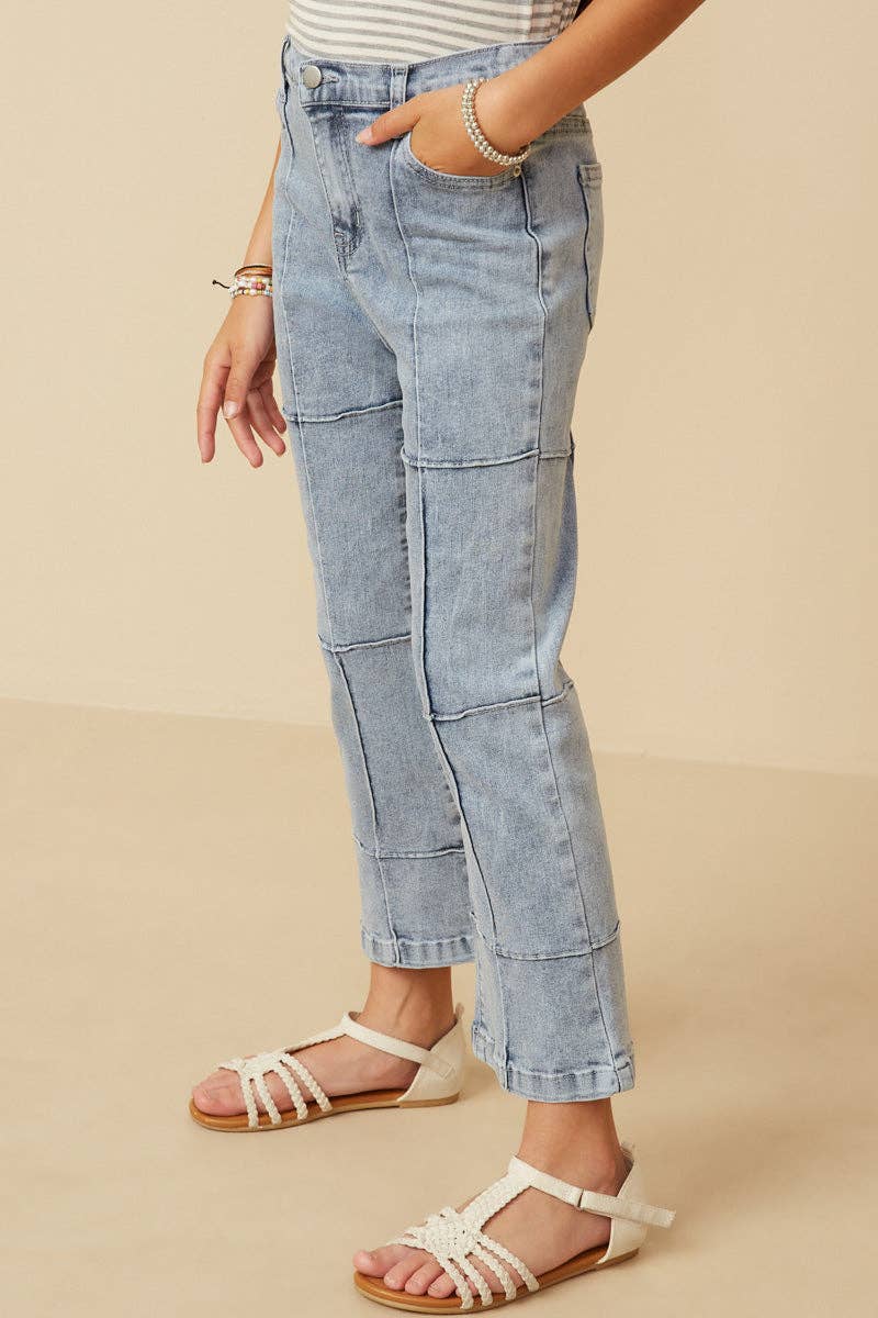 Girls Washed Paneled Detail Denim Jeans: Light Denim