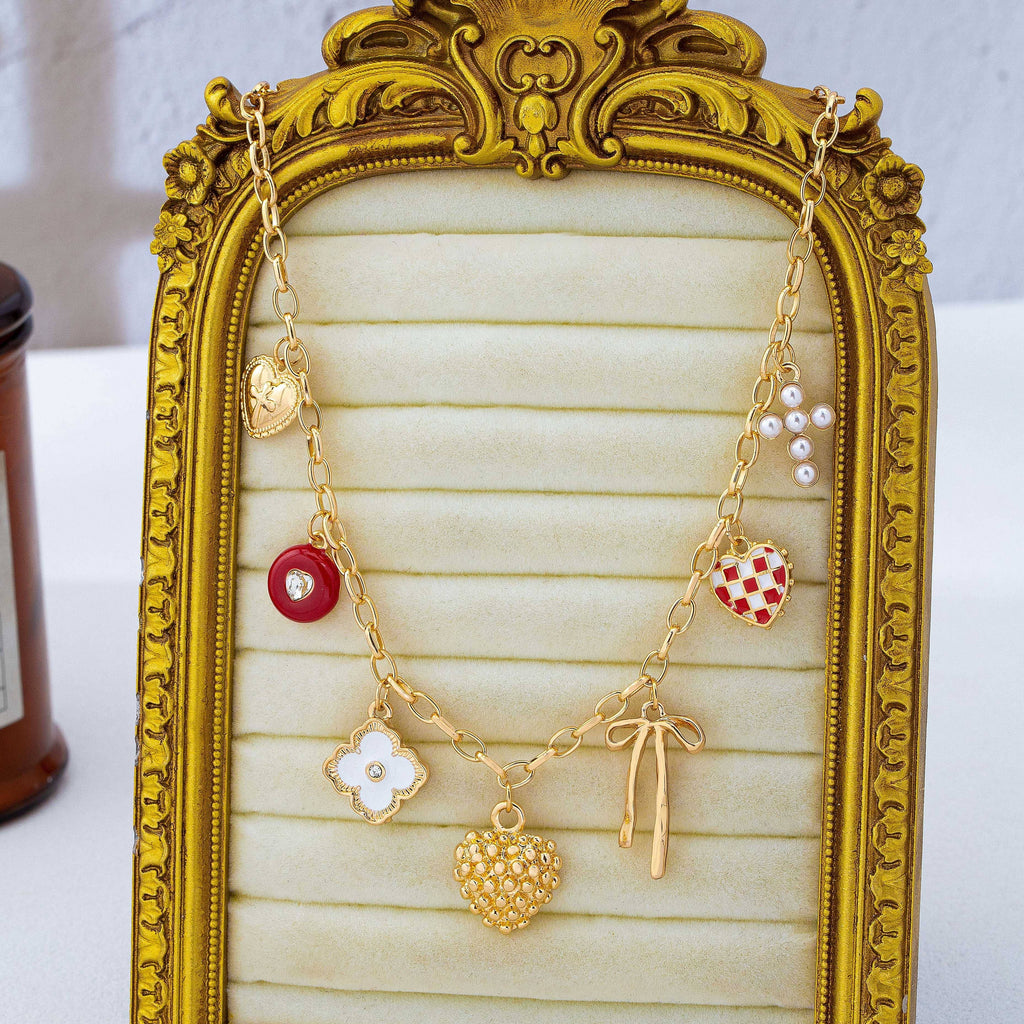 Heart Bow Cross Checker heart Charm Necklace | 80N93301: GOLD