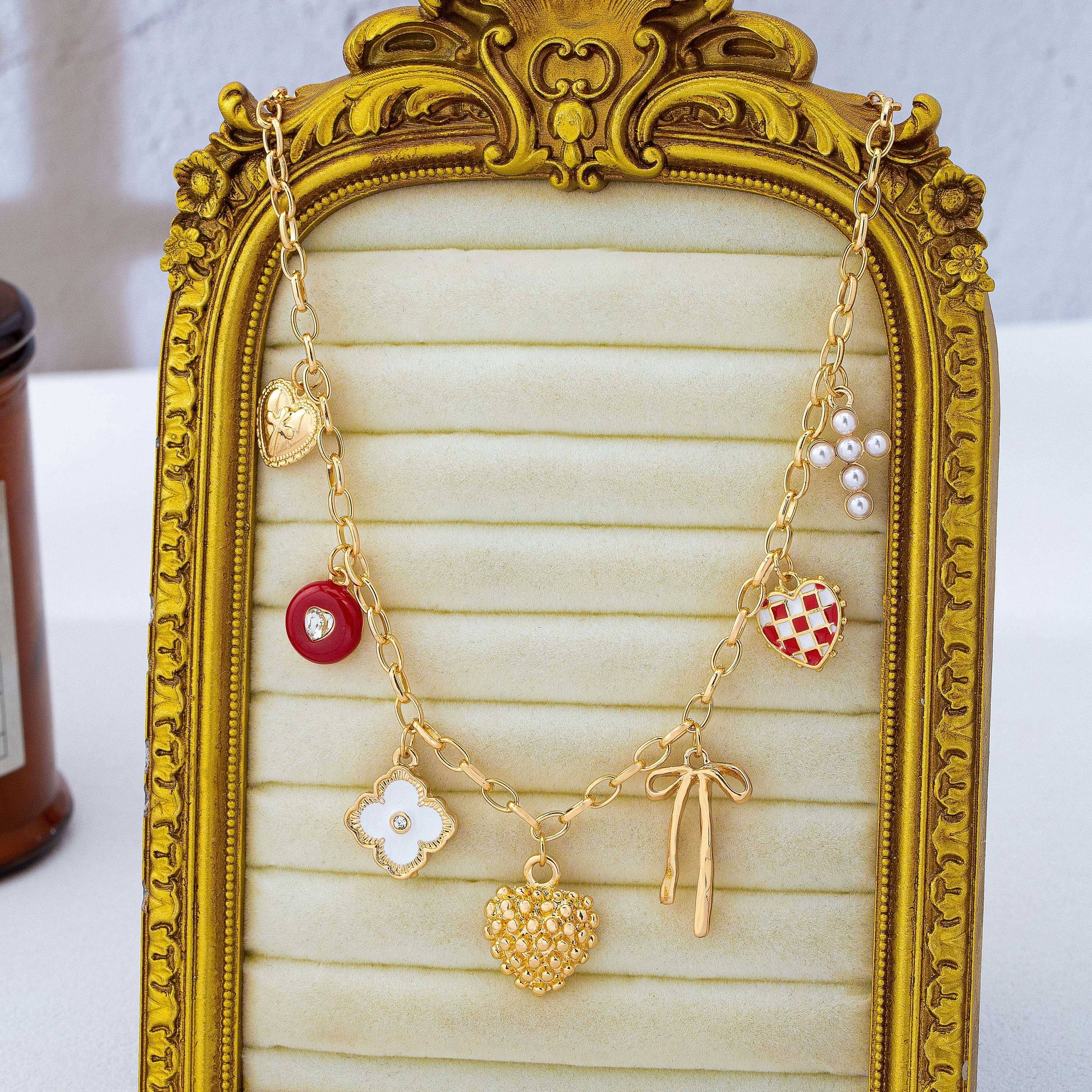 Heart Bow Cross Checker heart Charm Necklace | 80N93301: GOLD
