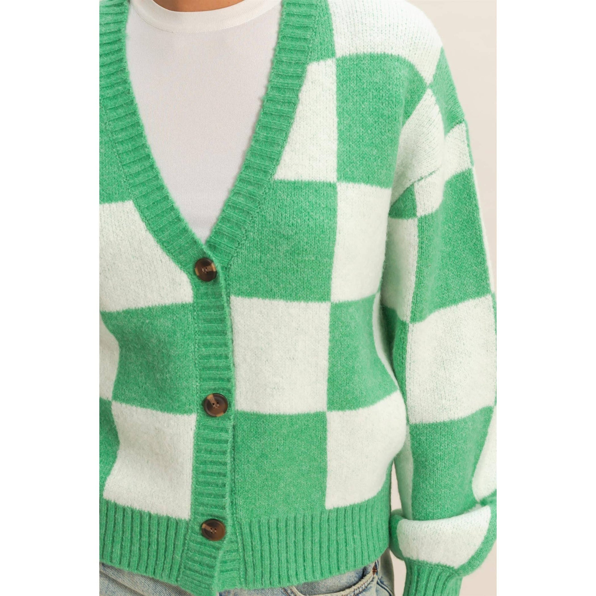 Checkered Button Front Cardigan Sweater - Green