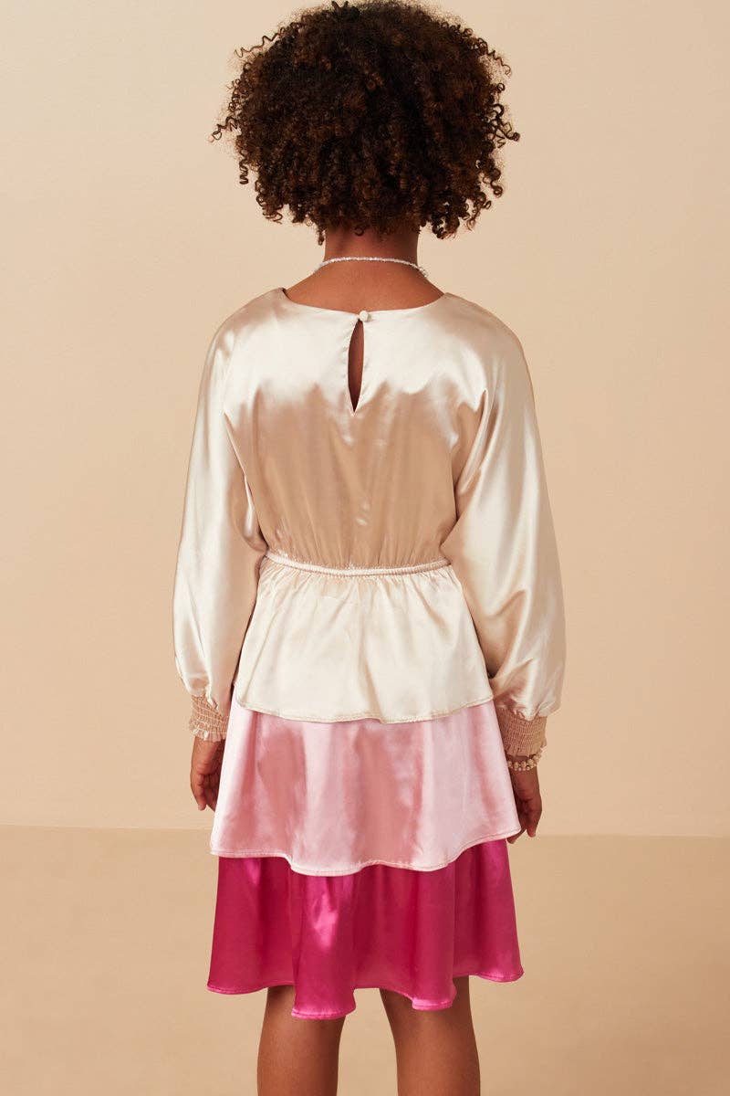 Girls Color Block Tiered Skirt Satin Dress: Pink Mix