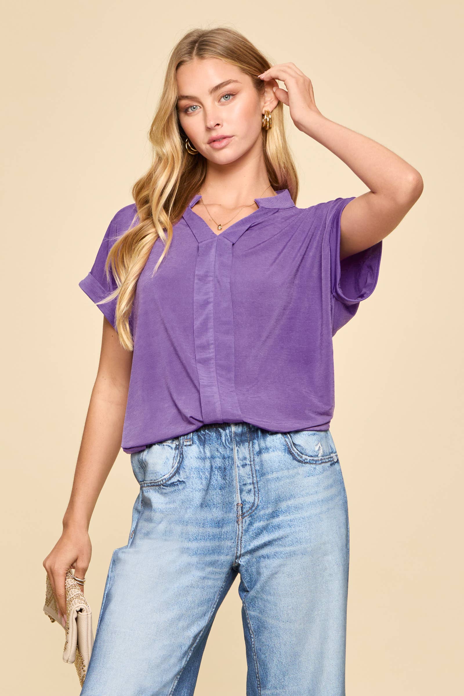 Wrinkle-Free Pleated Lizzy Blouse: Violet Splash
