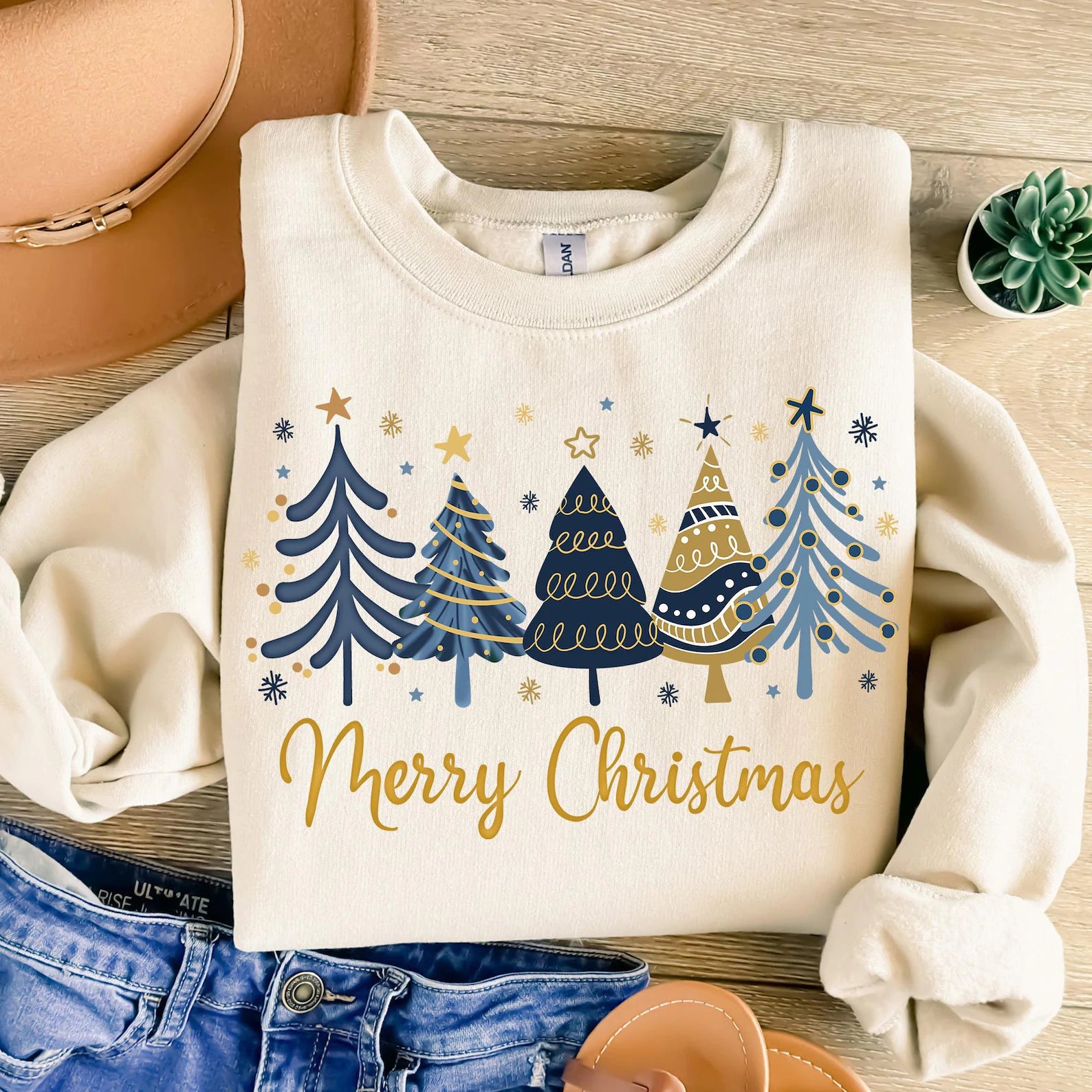 Blue & Gold Glitter Merry Christmas Graphic T-Shirt
